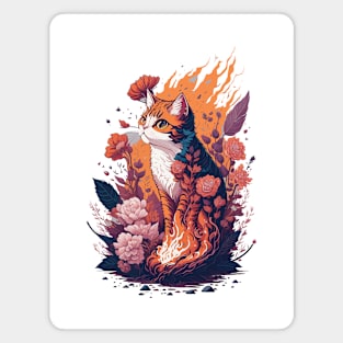 Cat in fire and flowers Magnet